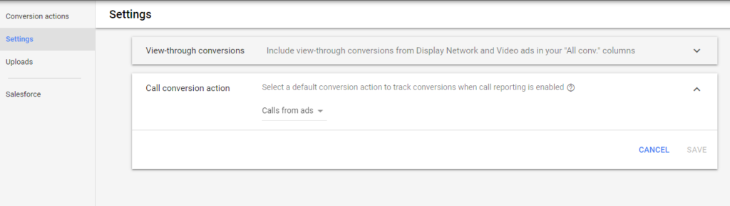 google Ads conversion settings dropdown