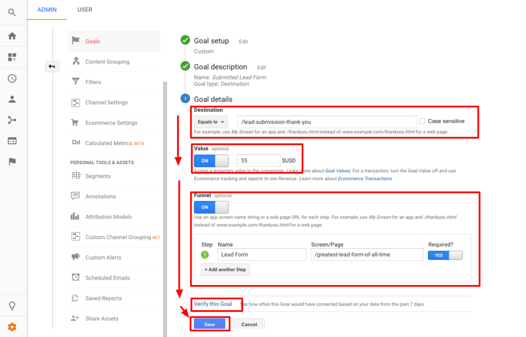 Google Analytics goal setup