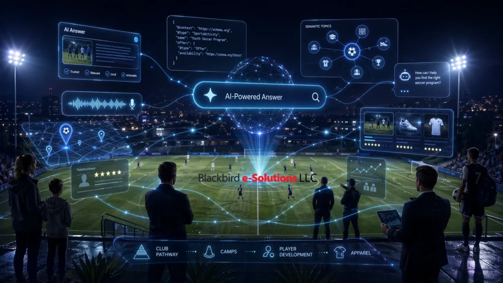 The future of search in the soccer industry: A soccer field with a search bar overlayed and results.