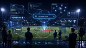 The future of search in the soccer industry: A soccer field with a search bar overlayed and results.